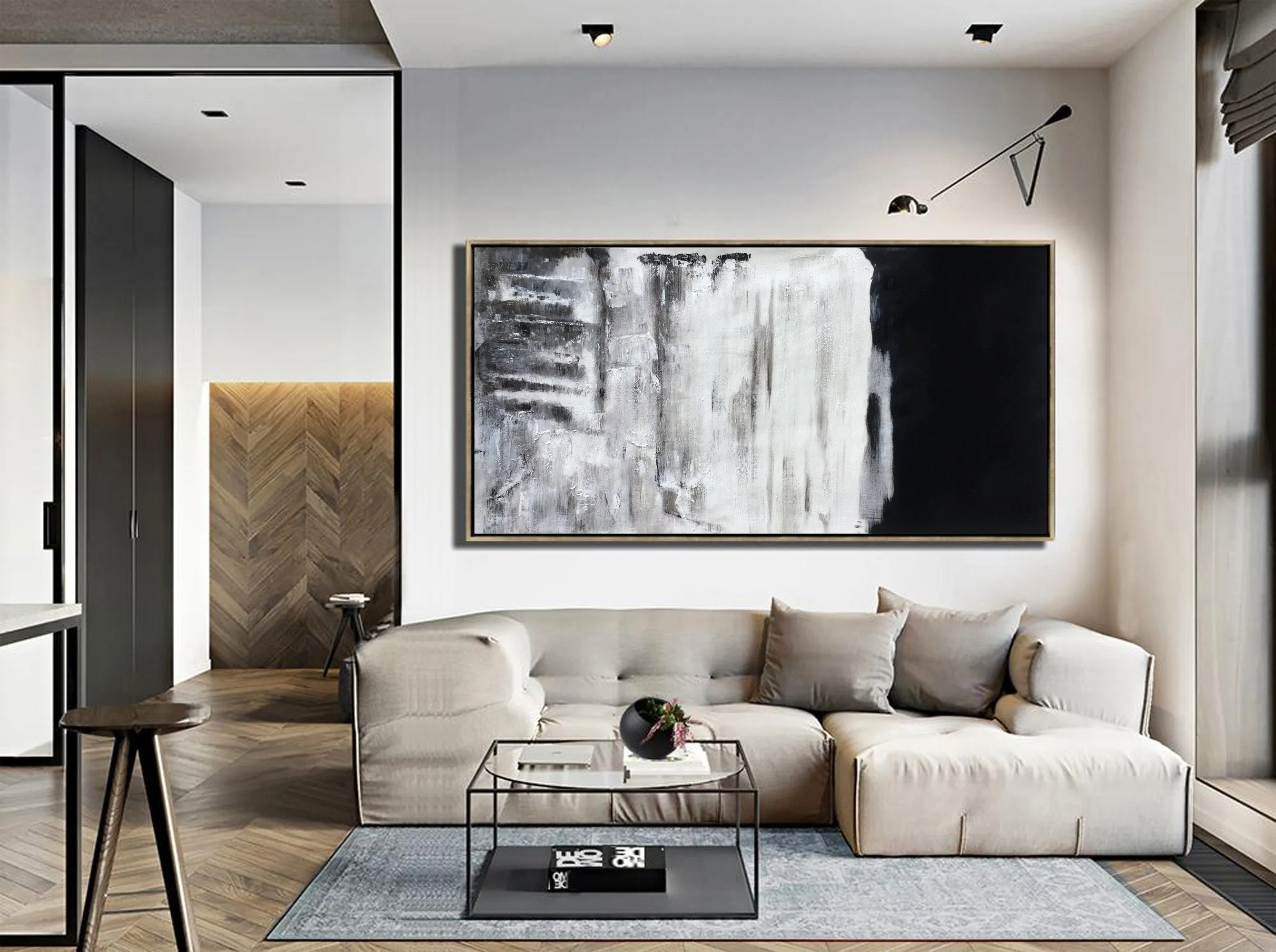 Black and White Painting on Canvas Grey Minimalist Painting Op007