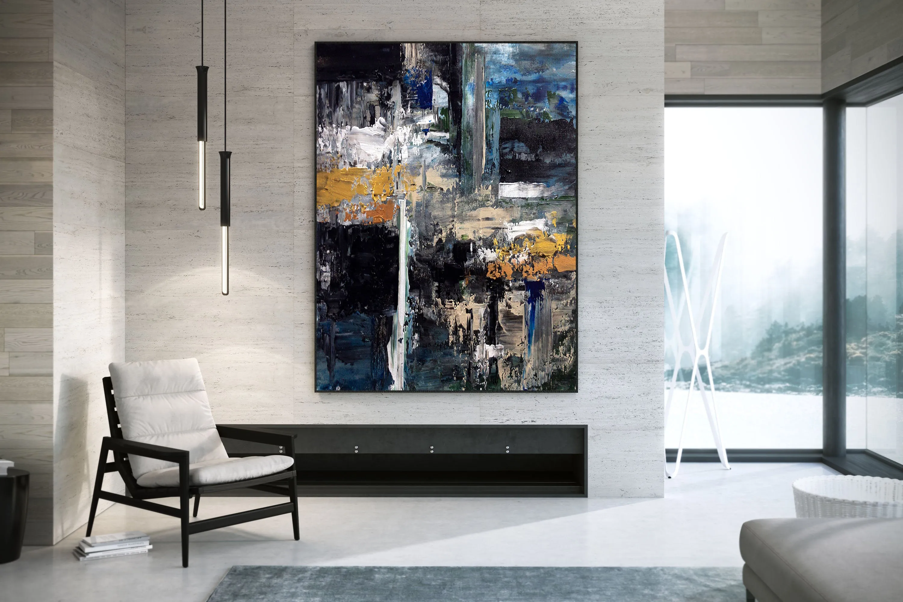 Black Blue Gold Abstract Painting Modern Decor Large Artwork Dp080