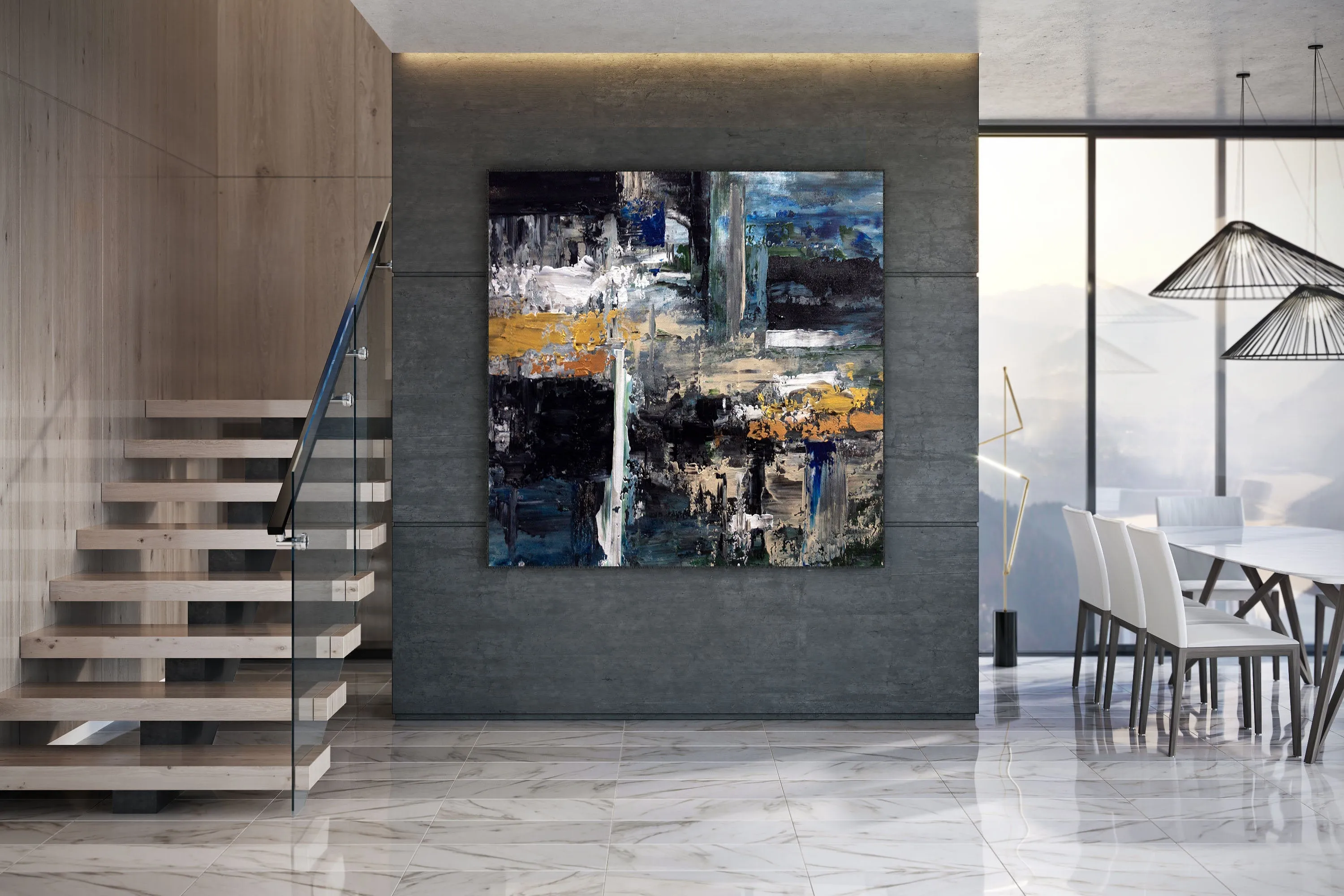 Black Blue Gold Abstract Painting Modern Decor Large Artwork Dp080