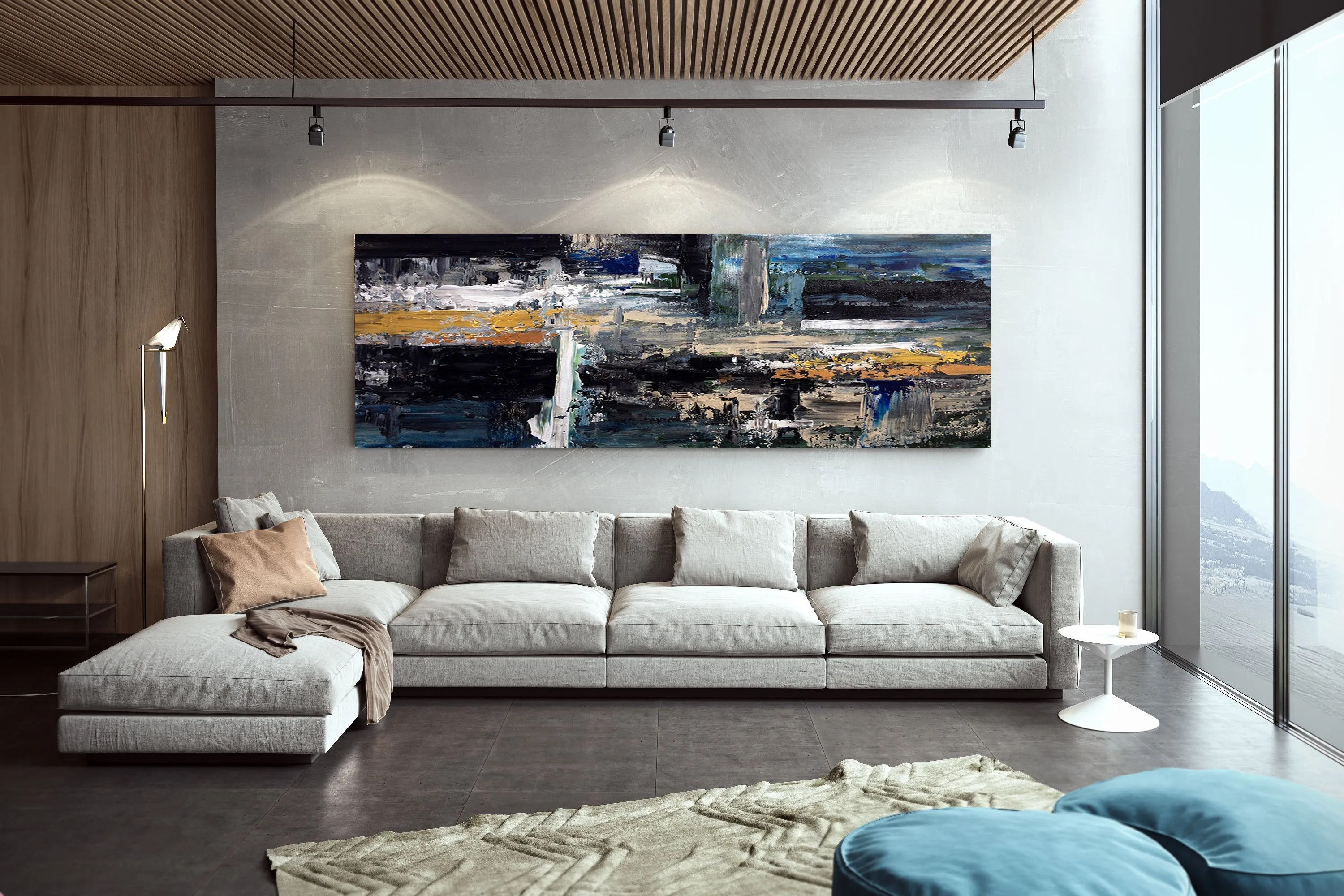 Black Blue Gold Abstract Painting Modern Decor Large Artwork Dp080