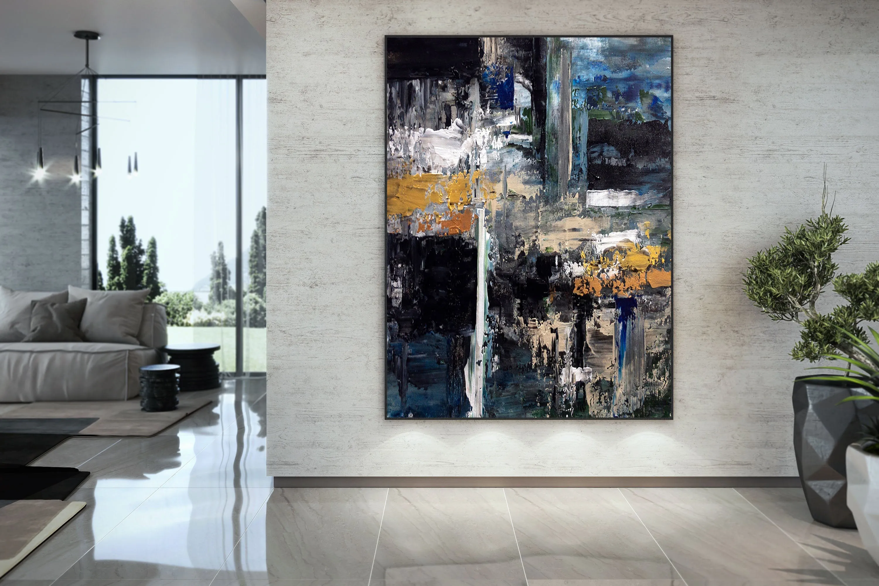 Black Blue Gold Abstract Painting Modern Decor Large Artwork Dp080
