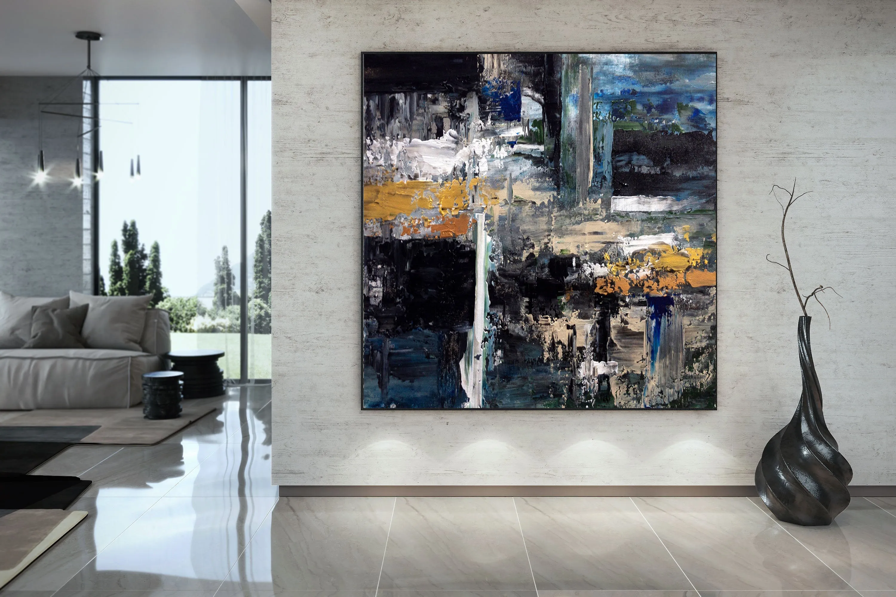 Black Blue Gold Abstract Painting Modern Decor Large Artwork Dp080
