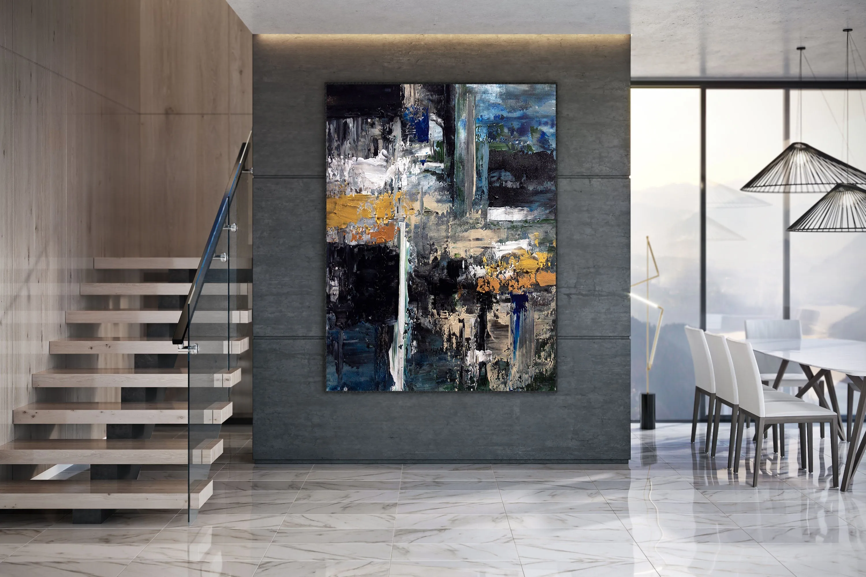 Black Blue Gold Abstract Painting Modern Decor Large Artwork Dp080