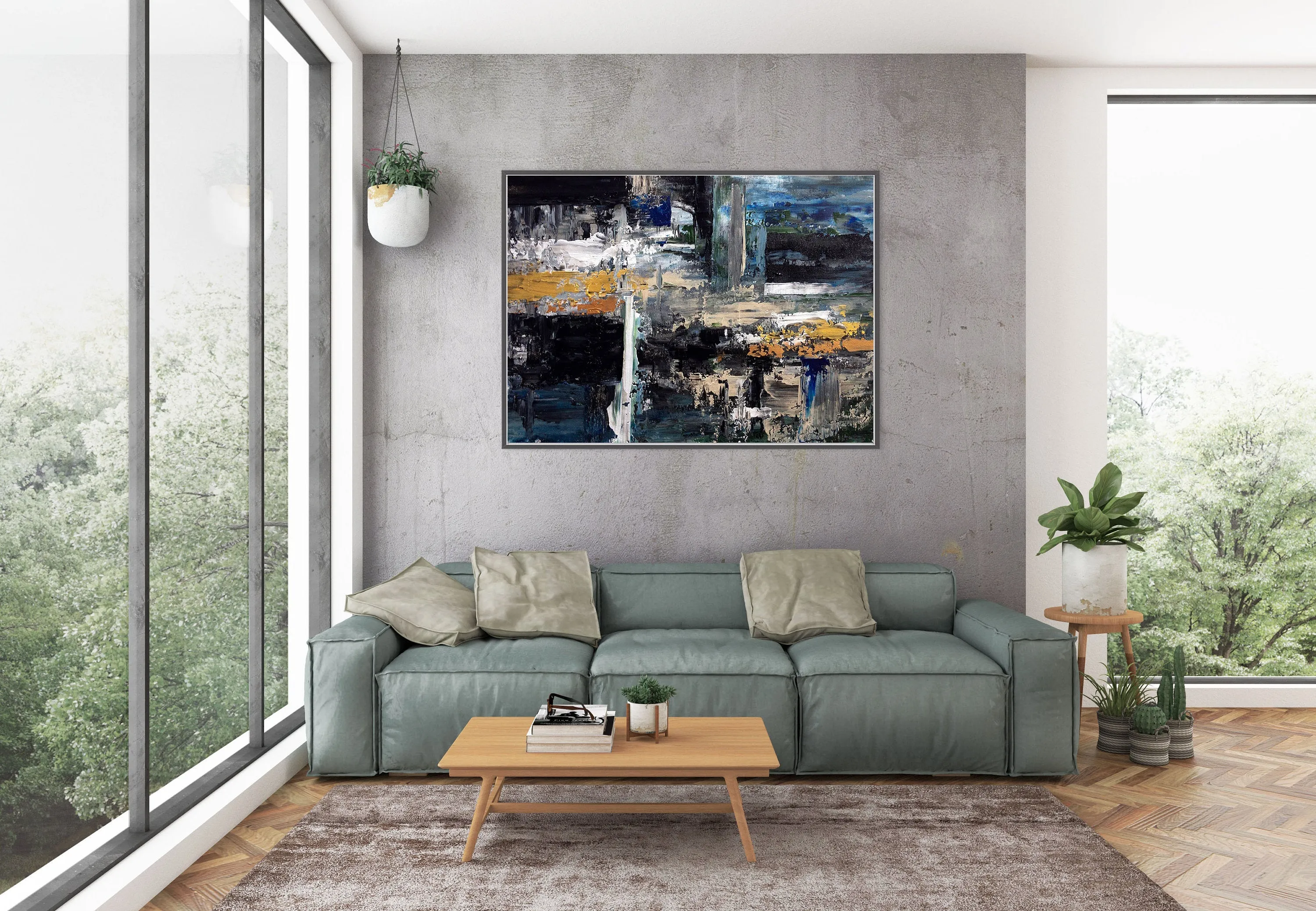 Black Blue Gold Abstract Painting Modern Decor Large Artwork Dp080
