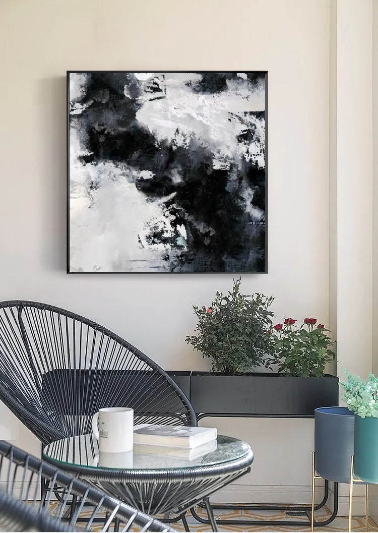 Black White Painting Large Abstract Painting Horizontal Wall Art Qp091