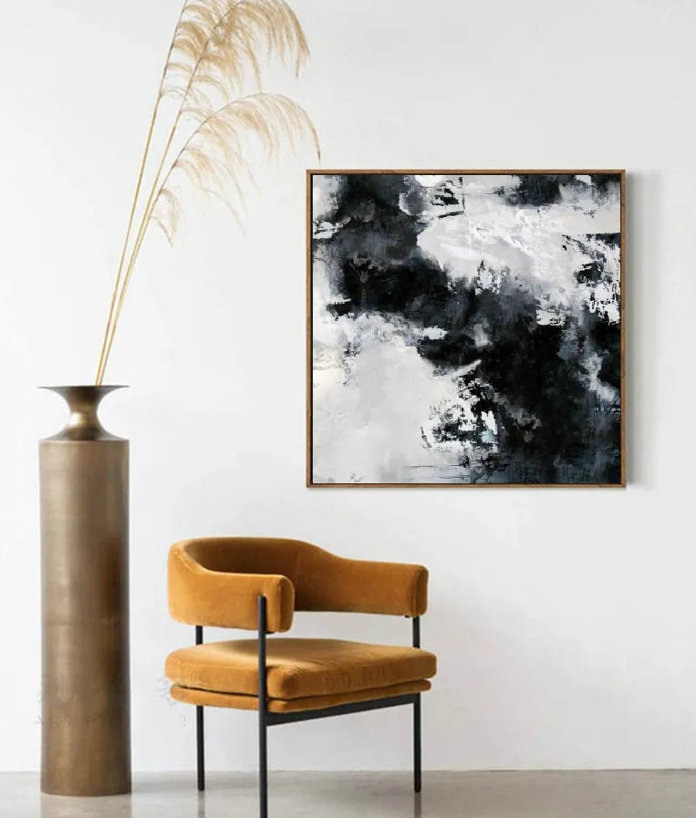 Black White Painting Large Abstract Painting Horizontal Wall Art Qp091