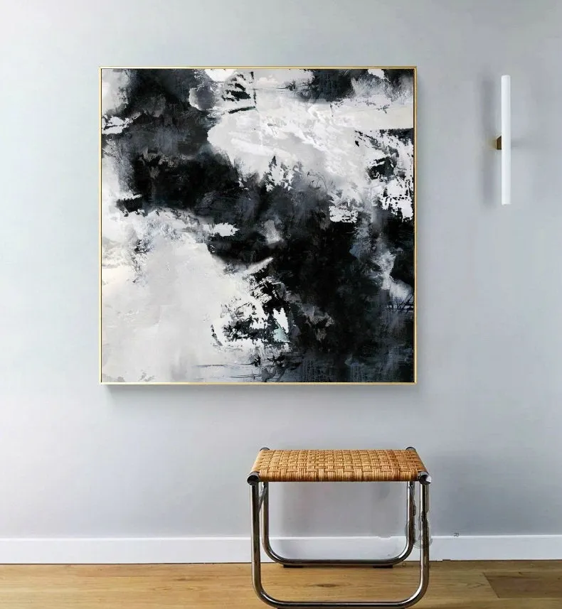 Black White Painting Large Abstract Painting Horizontal Wall Art Qp091