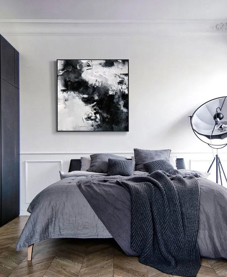 Black White Painting Large Abstract Painting Horizontal Wall Art Qp091