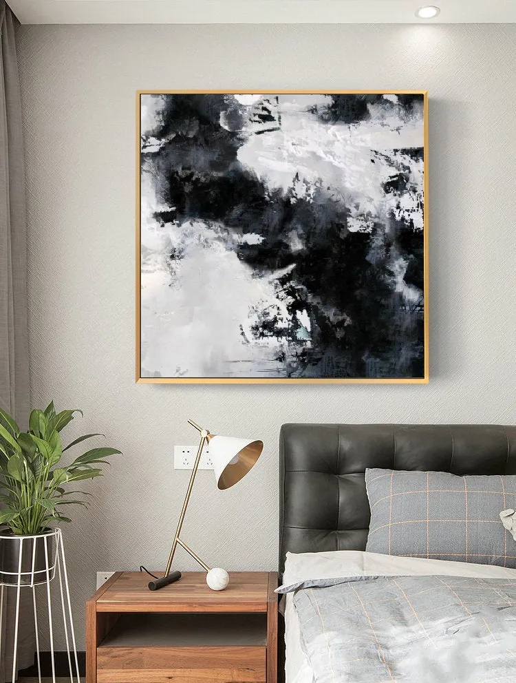 Black White Painting Large Abstract Painting Horizontal Wall Art Qp091