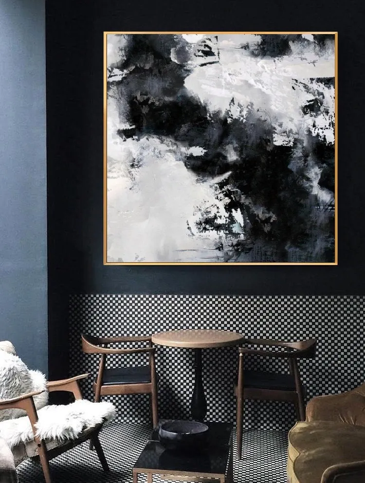 Black White Painting Large Abstract Painting Horizontal Wall Art Qp091
