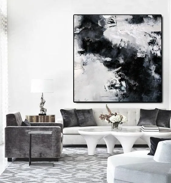 Black White Painting Large Abstract Painting Horizontal Wall Art Qp091