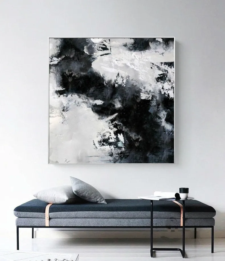 Black White Painting Large Abstract Painting Horizontal Wall Art Qp091