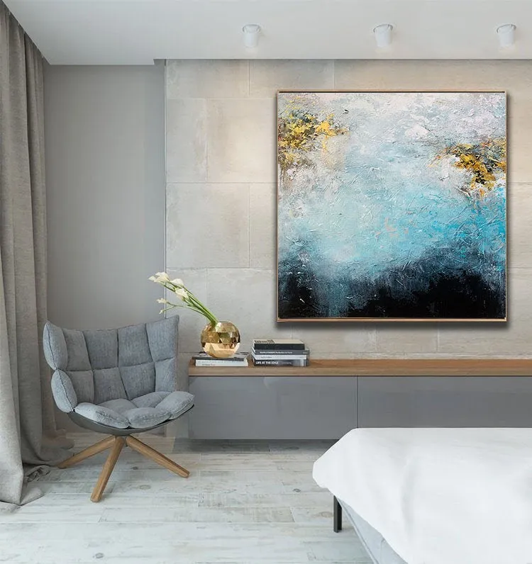 Blue & White Art Abstract Painting White Gold Living Room Art Gp059