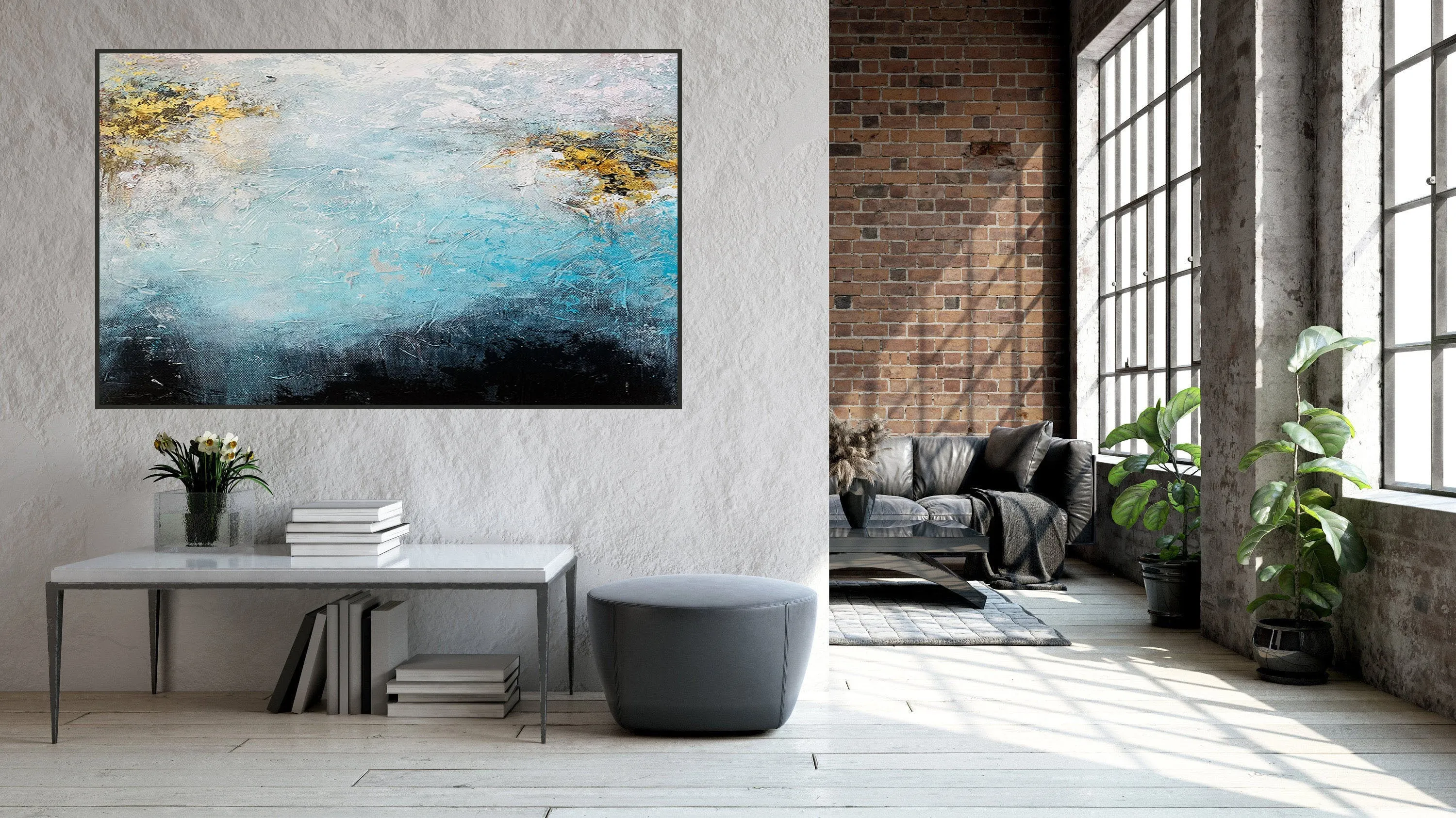 Blue & White Art Abstract Painting White Gold Living Room Art Gp059