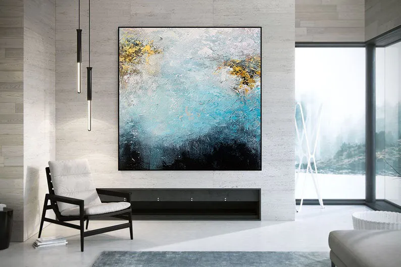 Blue & White Art Abstract Painting White Gold Living Room Art Gp059
