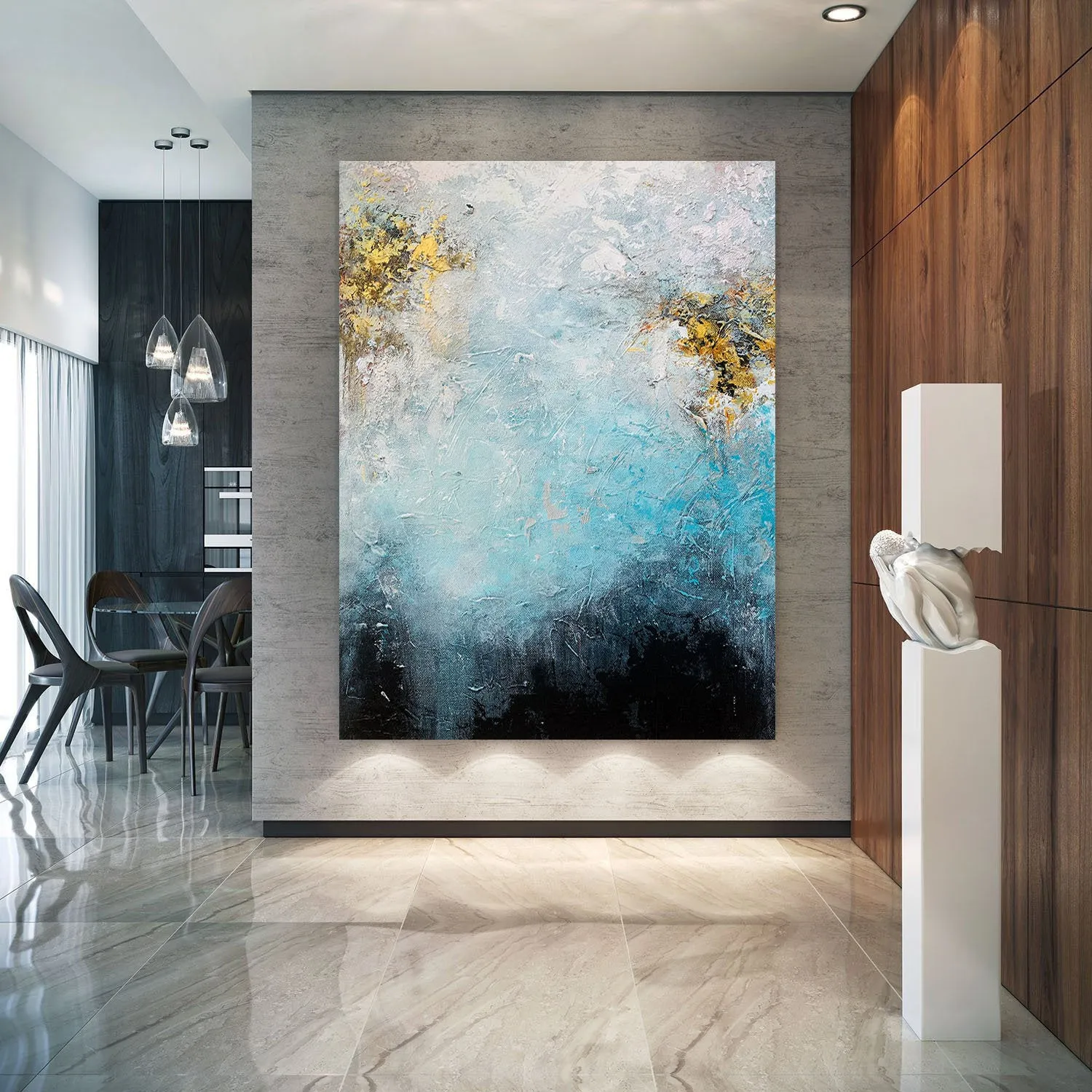 Blue & White Art Abstract Painting White Gold Living Room Art Gp059