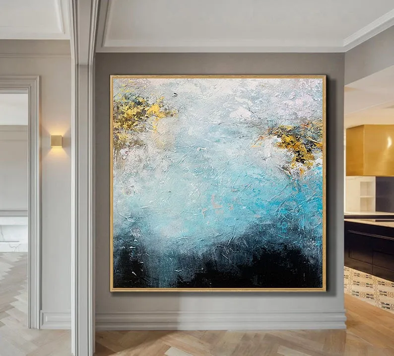 Blue & White Art Abstract Painting White Gold Living Room Art Gp059