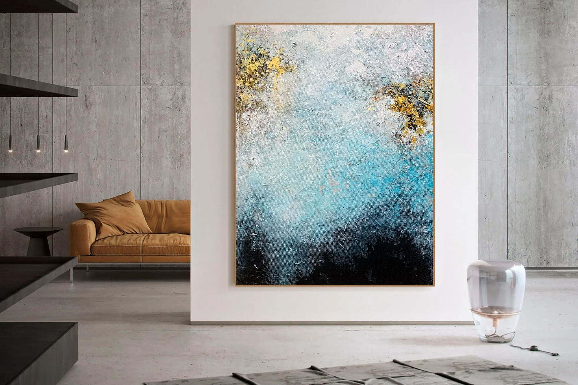 Blue & White Art Abstract Painting White Gold Living Room Art Gp059