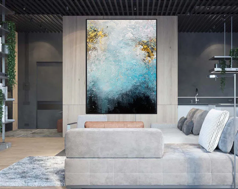 Blue & White Art Abstract Painting White Gold Living Room Art Gp059