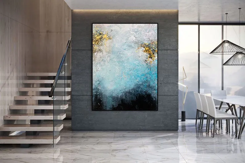 Blue & White Art Abstract Painting White Gold Living Room Art Gp059