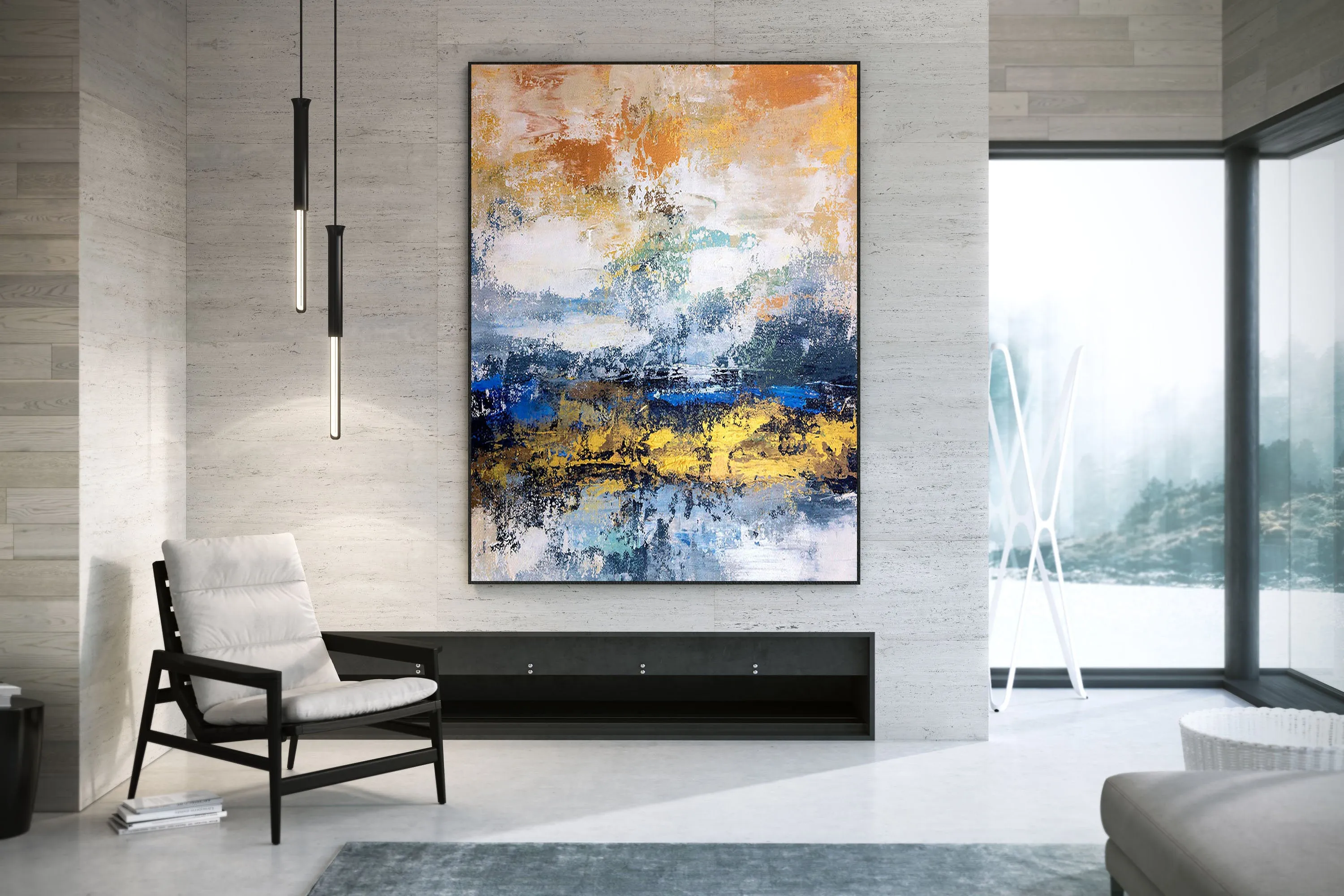 Blue White Gold Yellow Modern Abstract Painting Custom Art Bp124