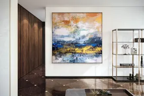 Blue White Gold Yellow Modern Abstract Painting Custom Art Bp124