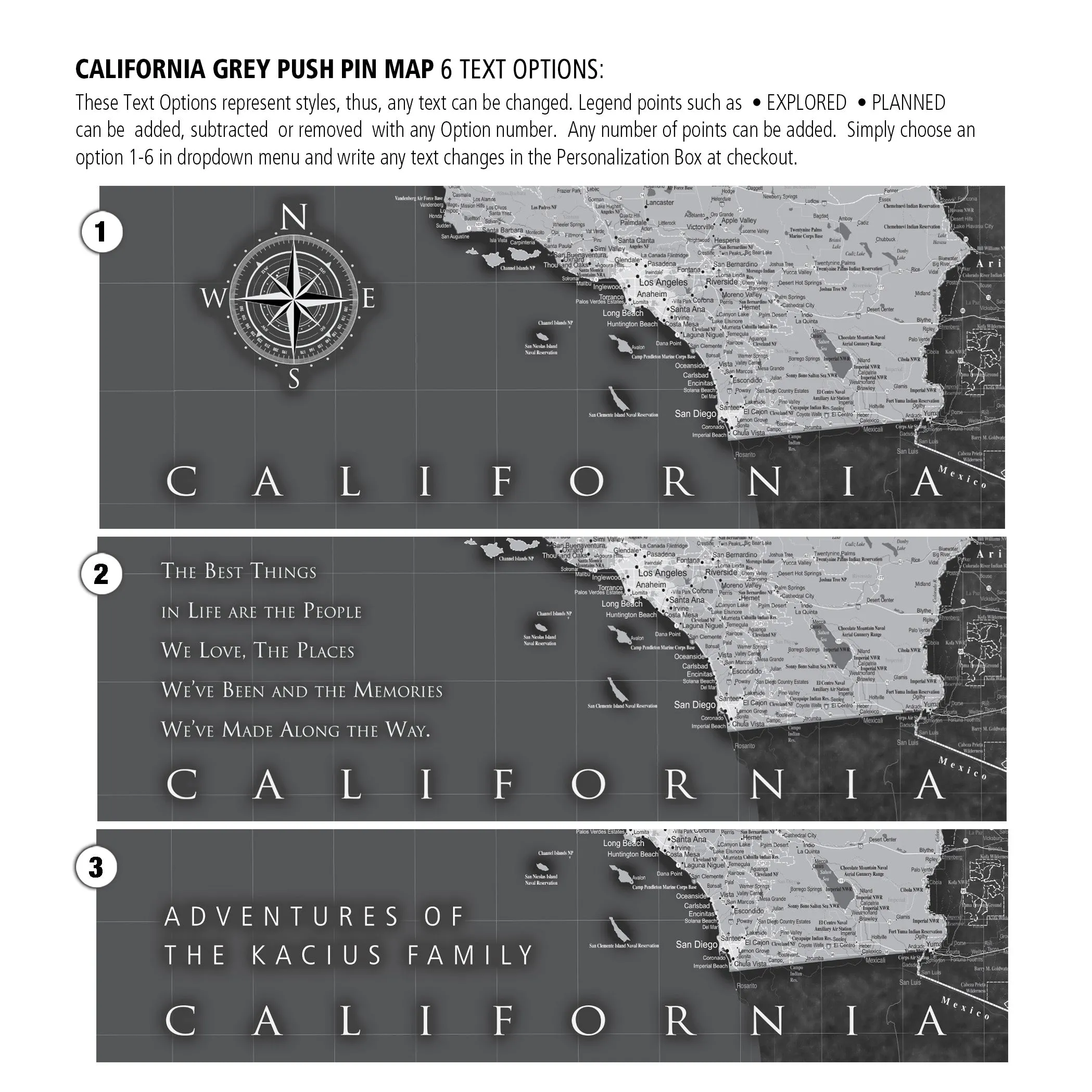California Push Pin State Travel Map Wall Art - Grey