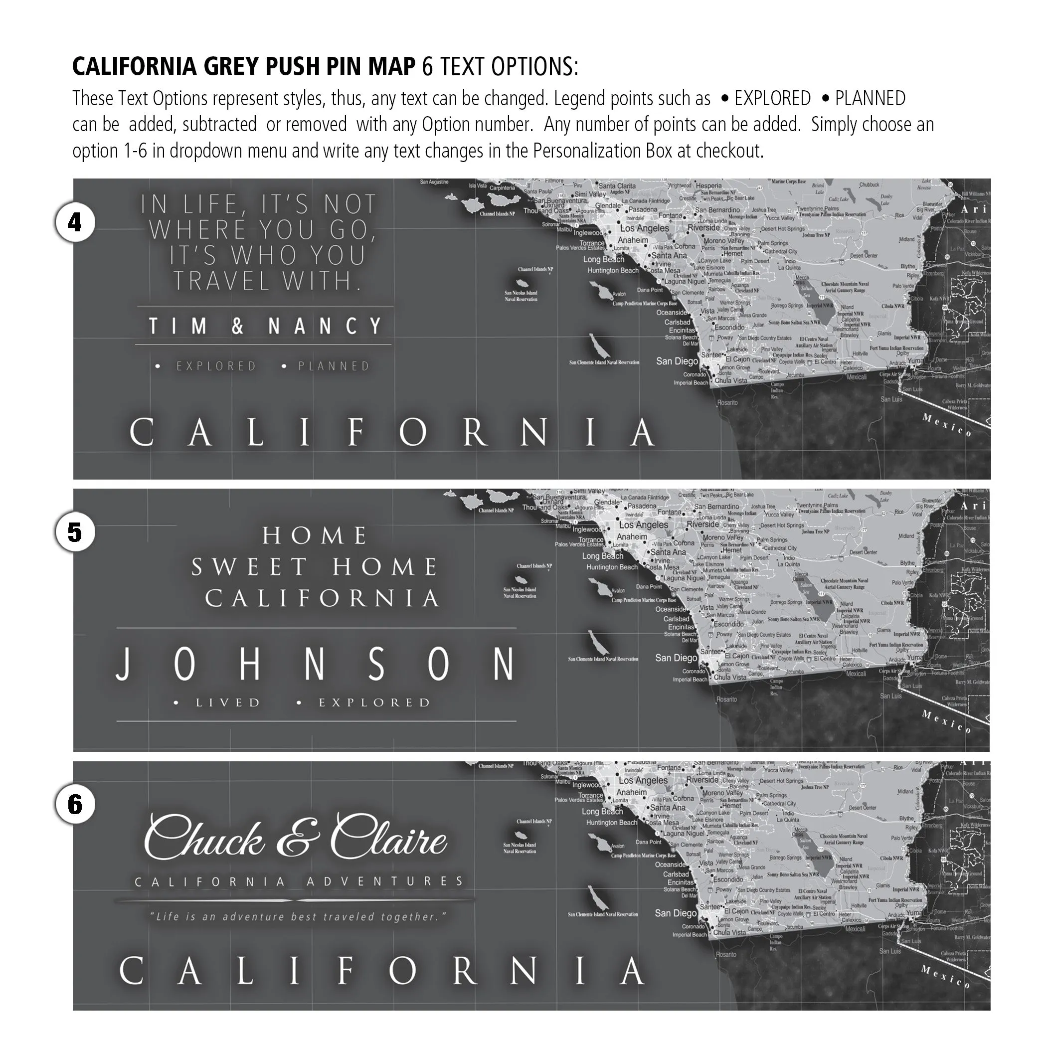 California Push Pin State Travel Map Wall Art - Grey