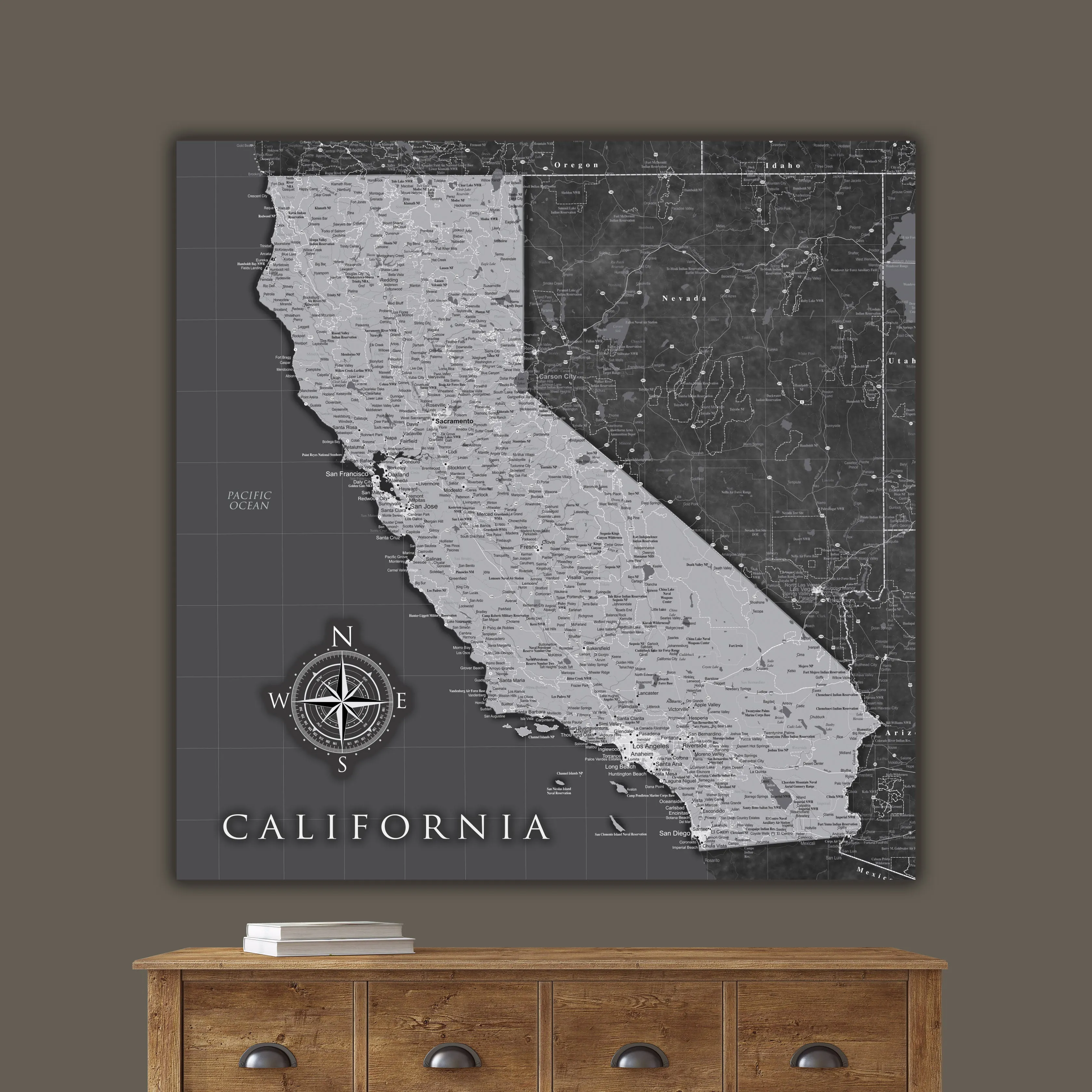 California Push Pin State Travel Map Wall Art - Grey