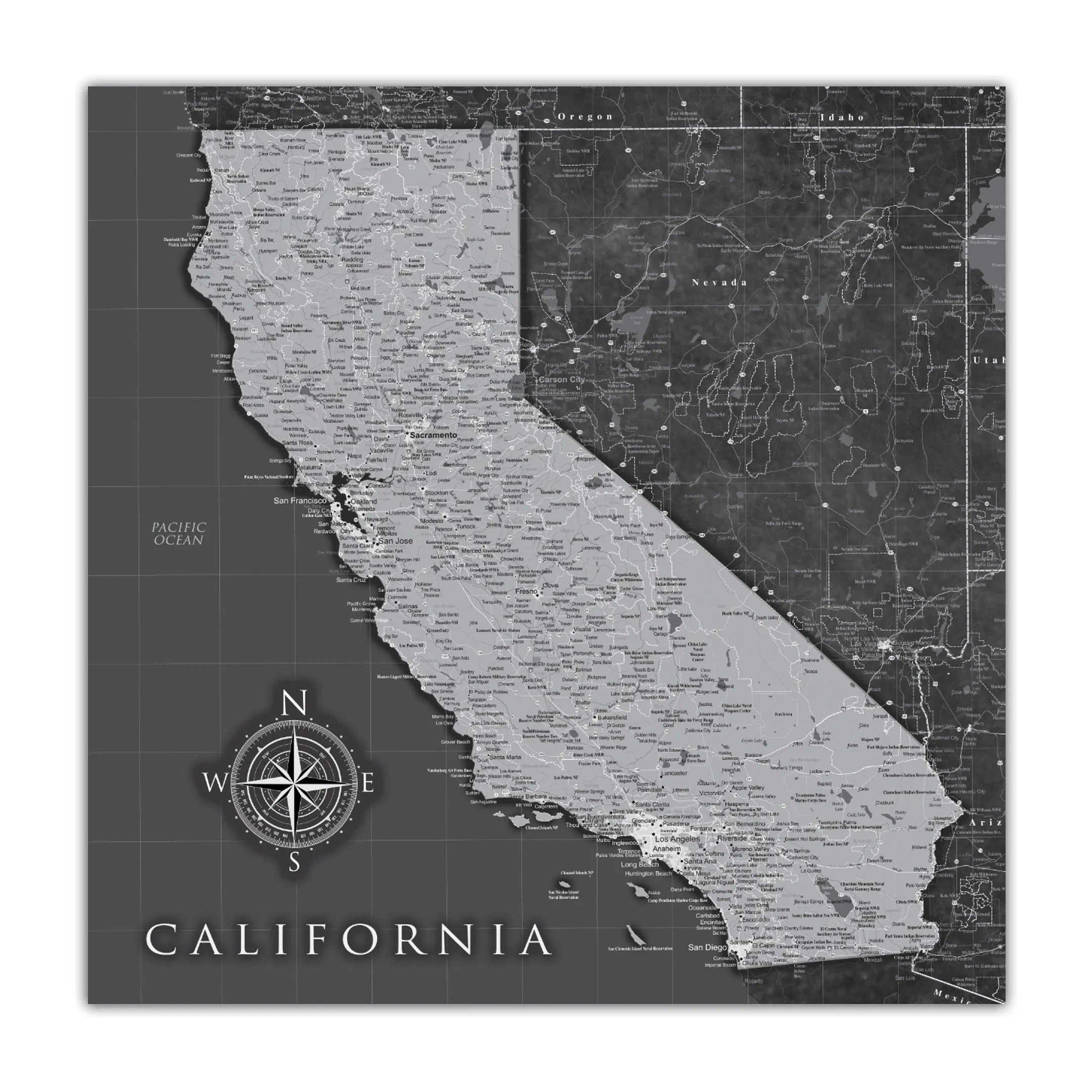 California Push Pin State Travel Map Wall Art - Grey