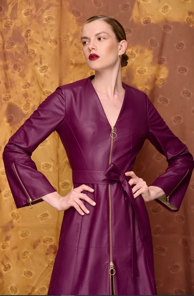Camelot Aubergine Front Zip Faux Leather Woven Dress