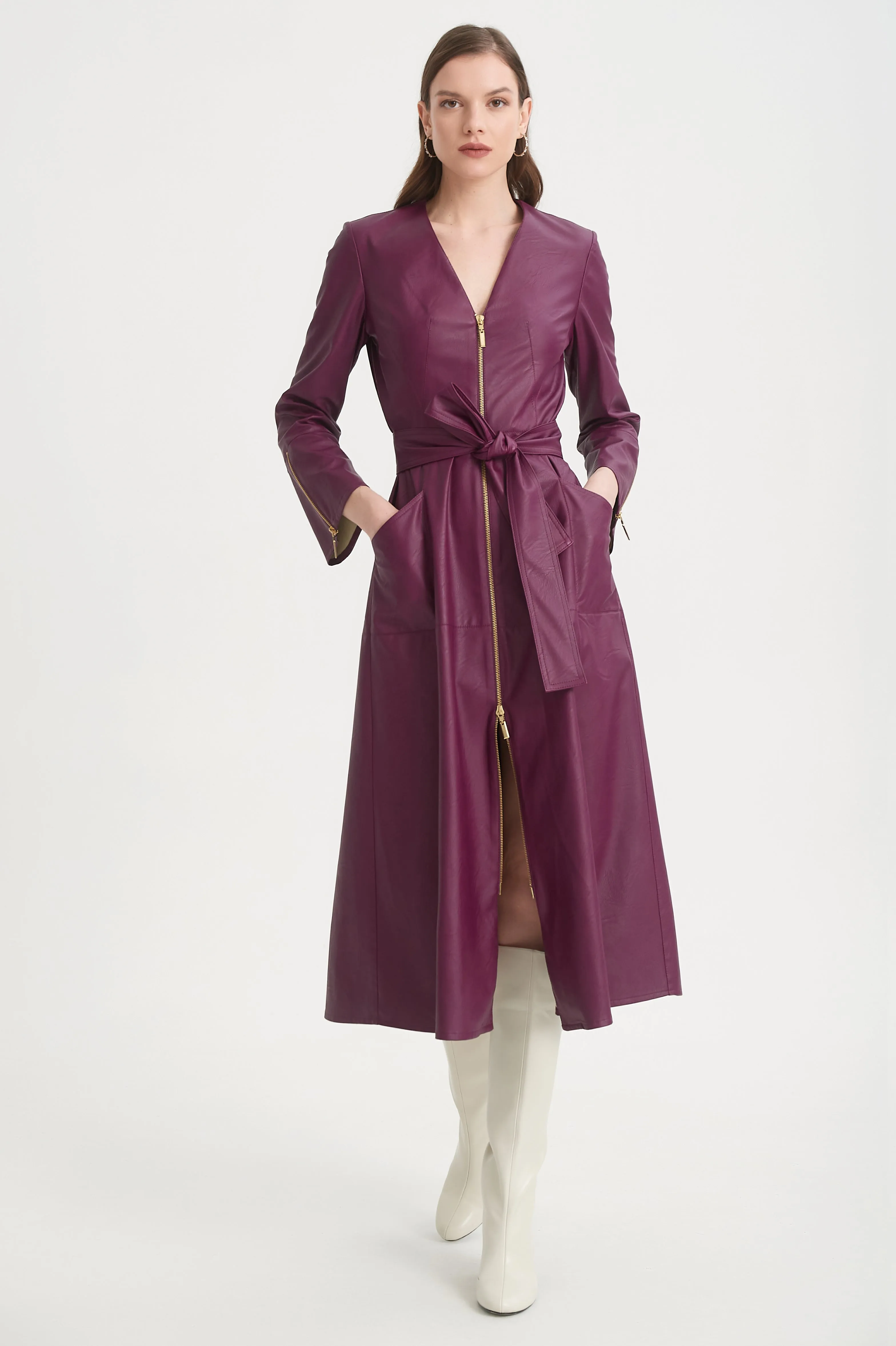 Camelot Aubergine Front Zip Faux Leather Woven Dress