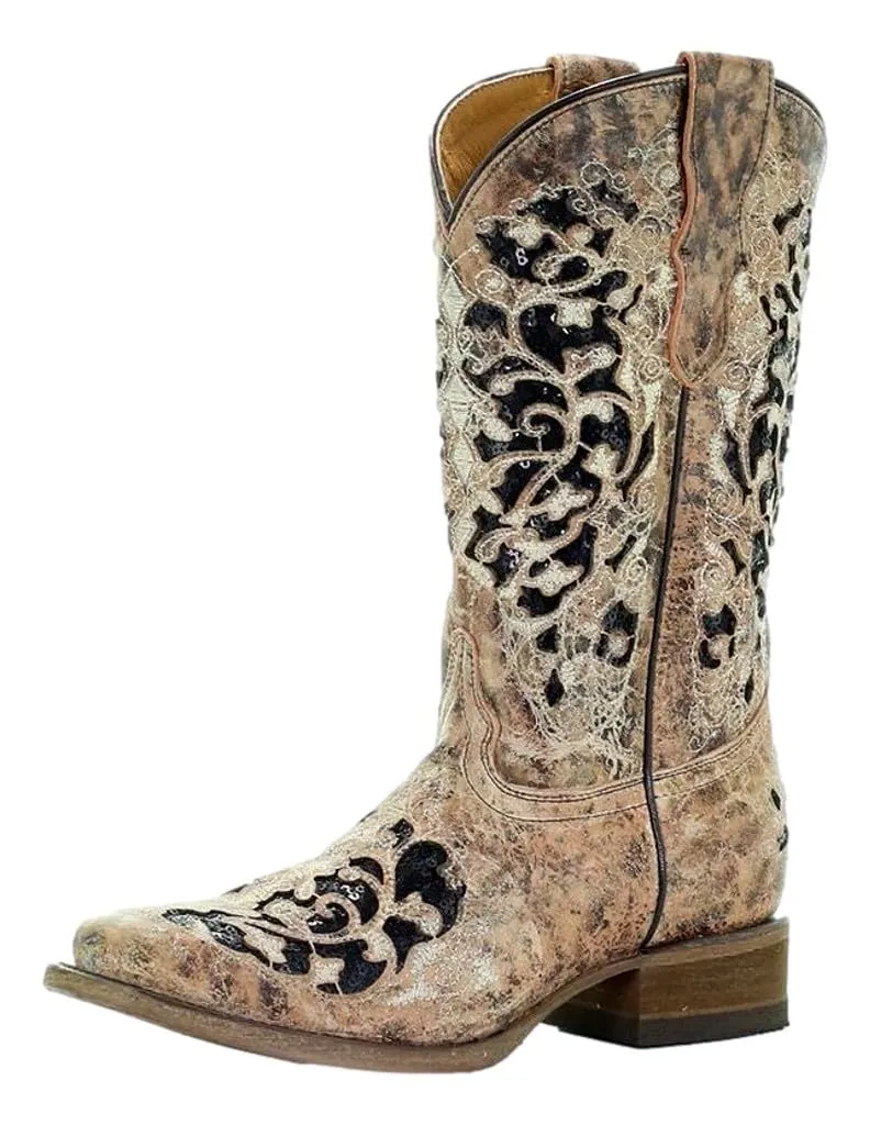 Corral Youth 11" Tan Black Glitter Inlay Embroidery Square Toe Western Boot