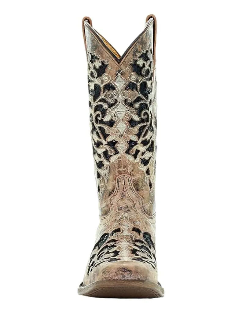 Corral Youth 11" Tan Black Glitter Inlay Embroidery Square Toe Western Boot