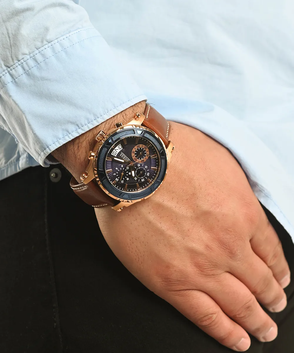 GUESS Mens Brown Rose Gold Tone Chronograph Watch