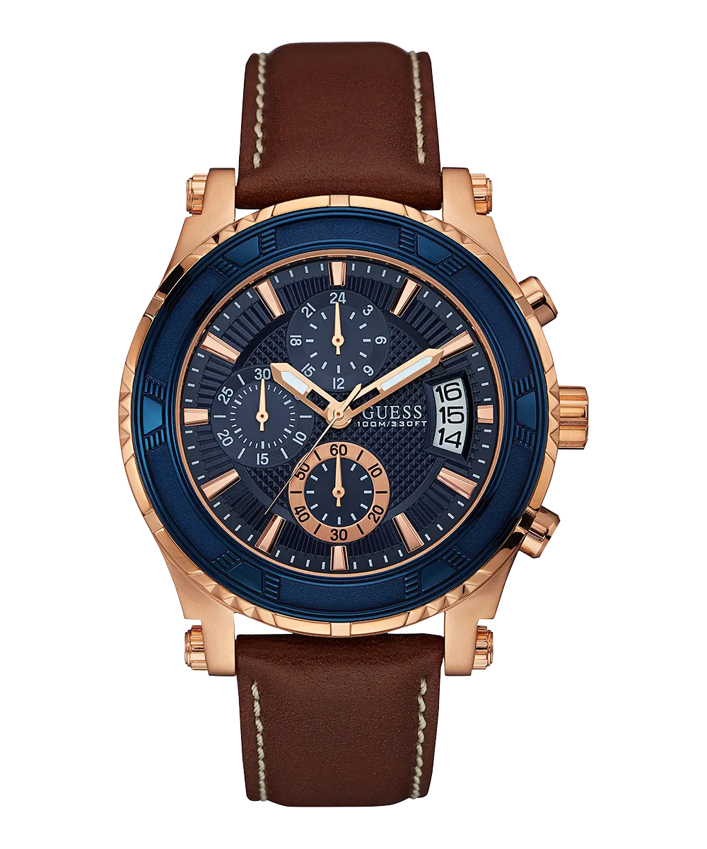 GUESS Mens Brown Rose Gold Tone Chronograph Watch