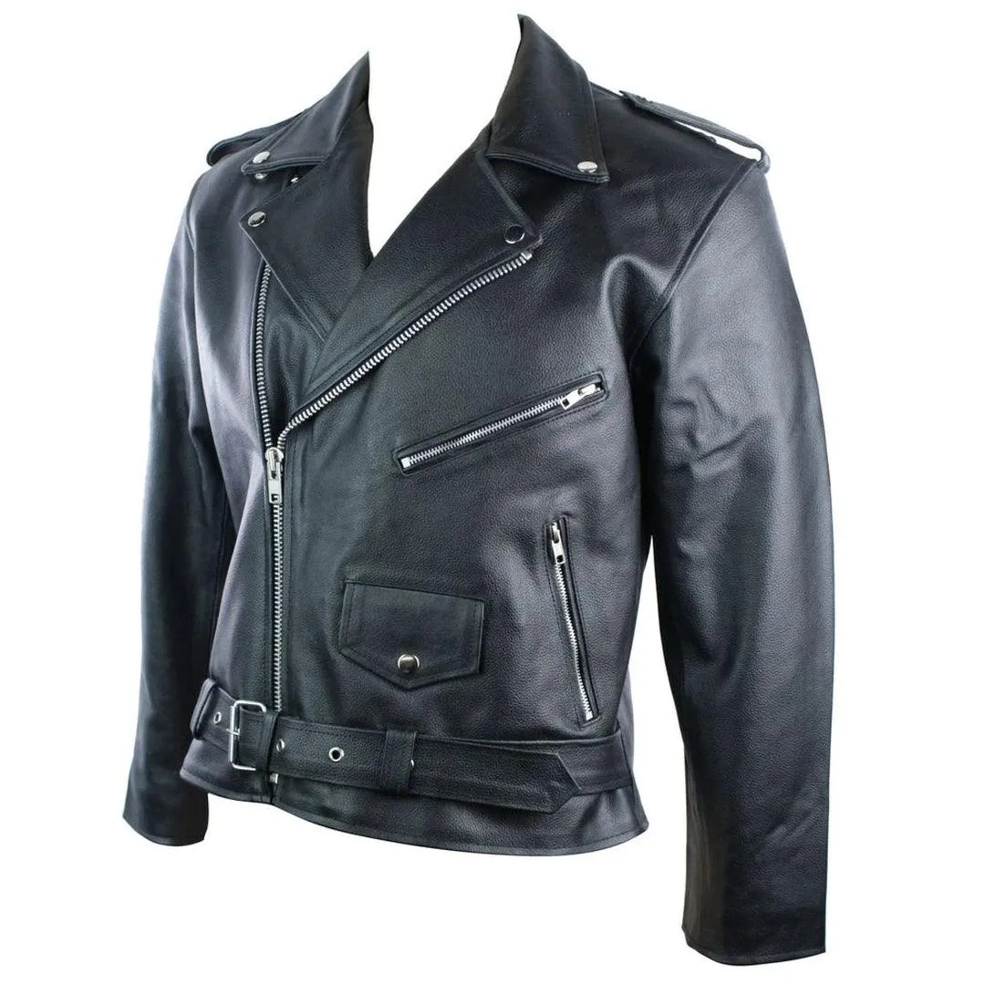 Mens 100% Real Leather Brando Style Classic Retro Biker Jacket Black