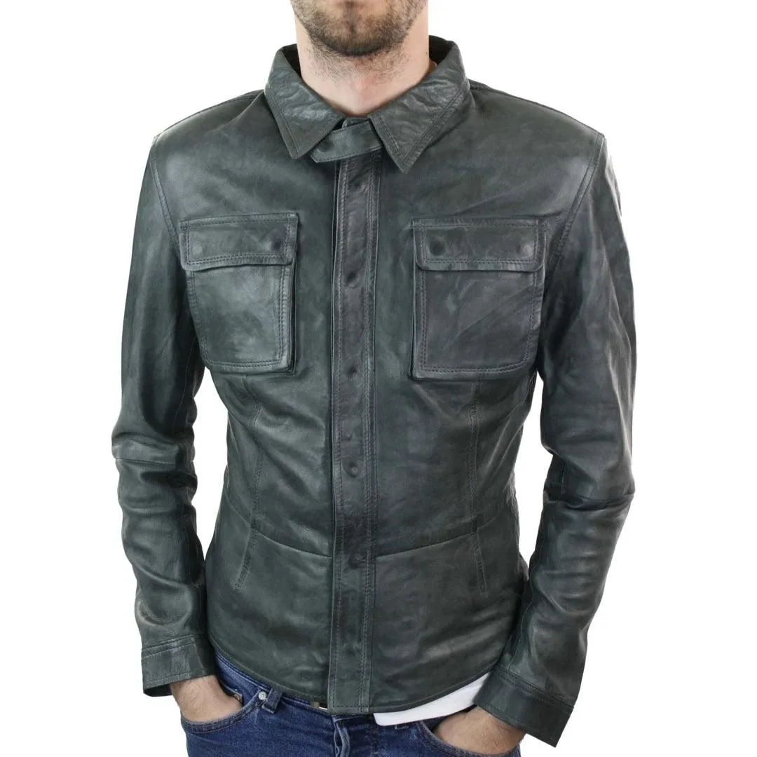 Mens Fitted Vintage Shirt Style Retro Leather Jacket Tan Brown Casual
