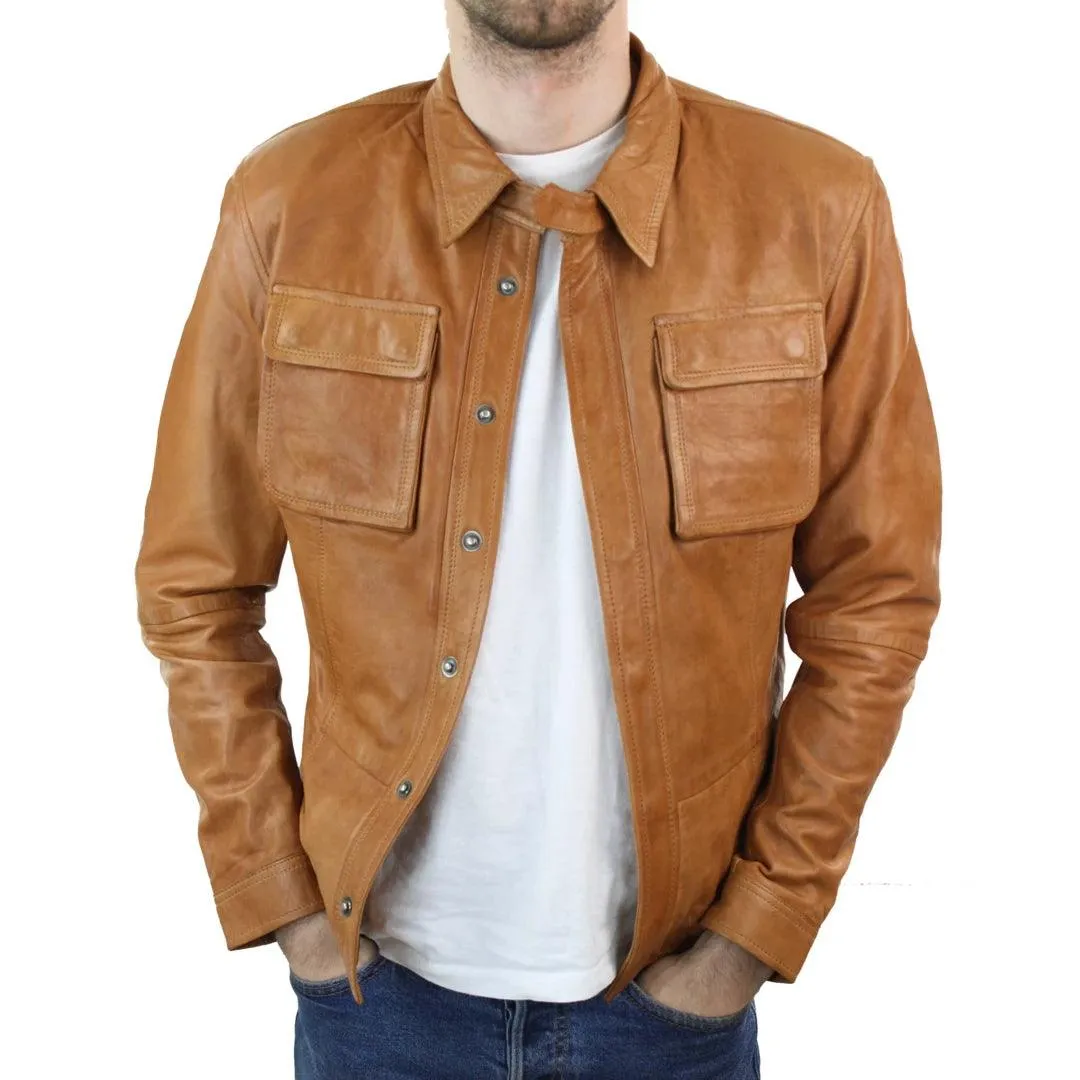 Mens Fitted Vintage Shirt Style Retro Leather Jacket Tan Brown Casual