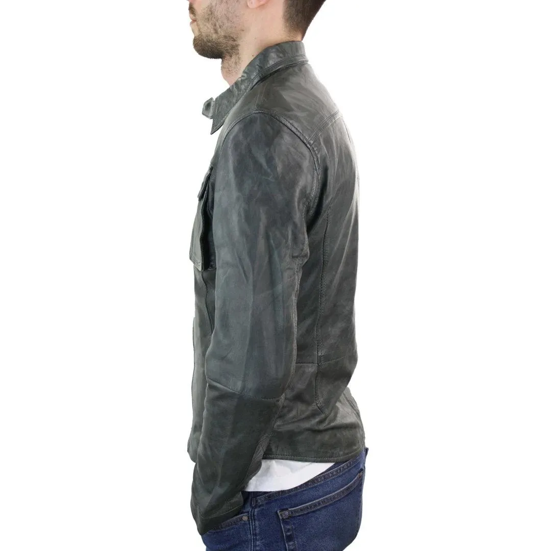 Mens Fitted Vintage Shirt Style Retro Leather Jacket Tan Brown Casual