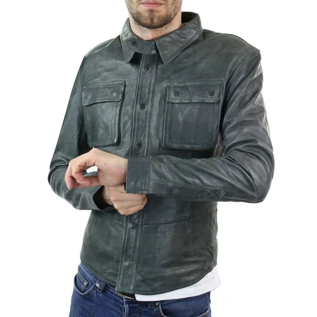 Mens Fitted Vintage Shirt Style Retro Leather Jacket Tan Brown Casual
