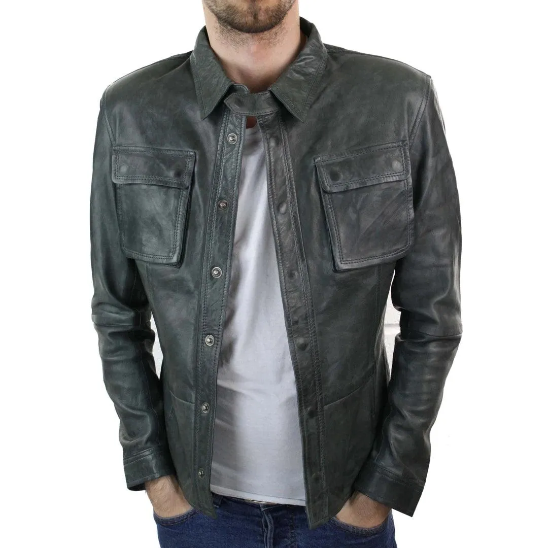 Mens Fitted Vintage Shirt Style Retro Leather Jacket Tan Brown Casual