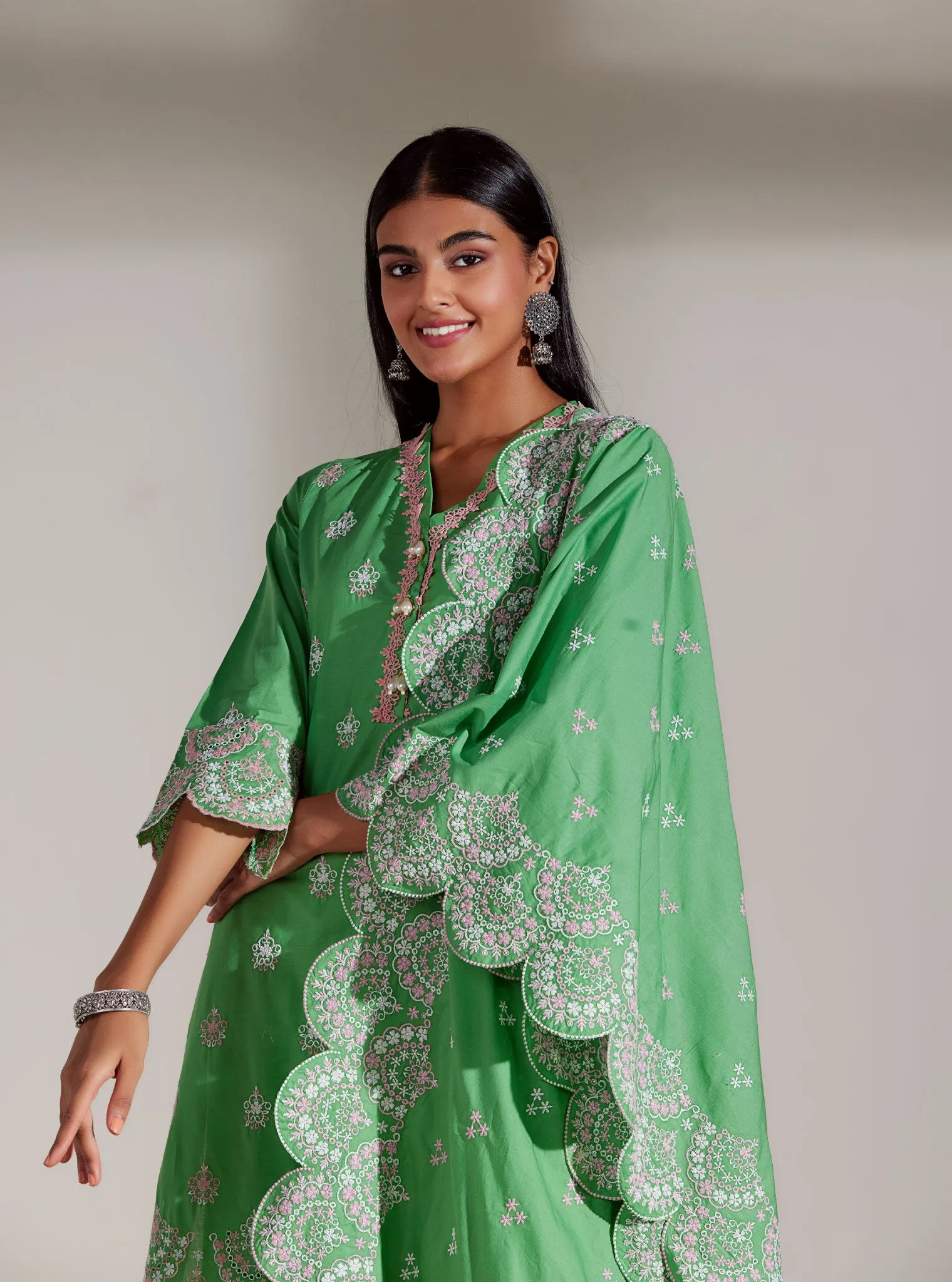 Mulmul Cotton Aviana Green Kurta With Aviana Green Pant