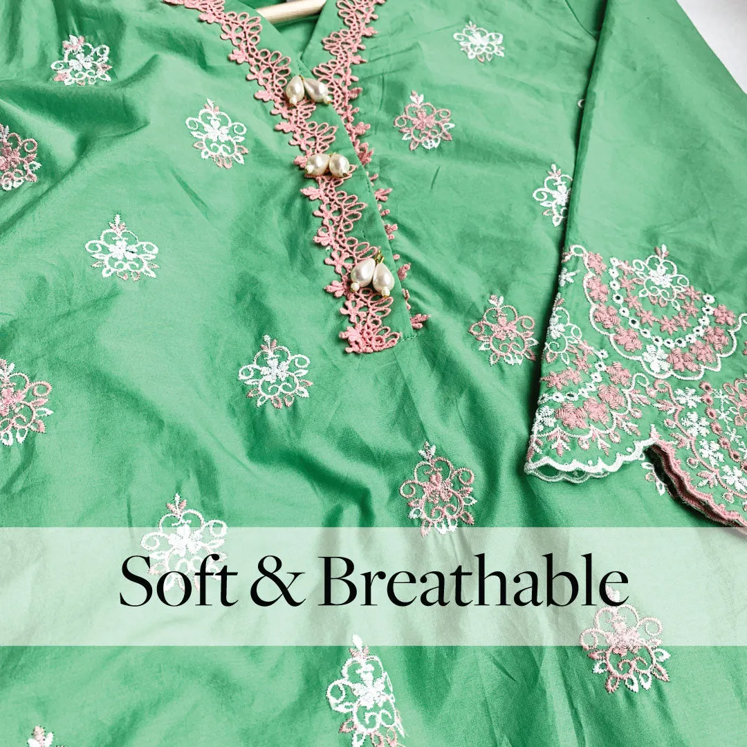 Mulmul Cotton Aviana Green Kurta With Aviana Green Pant