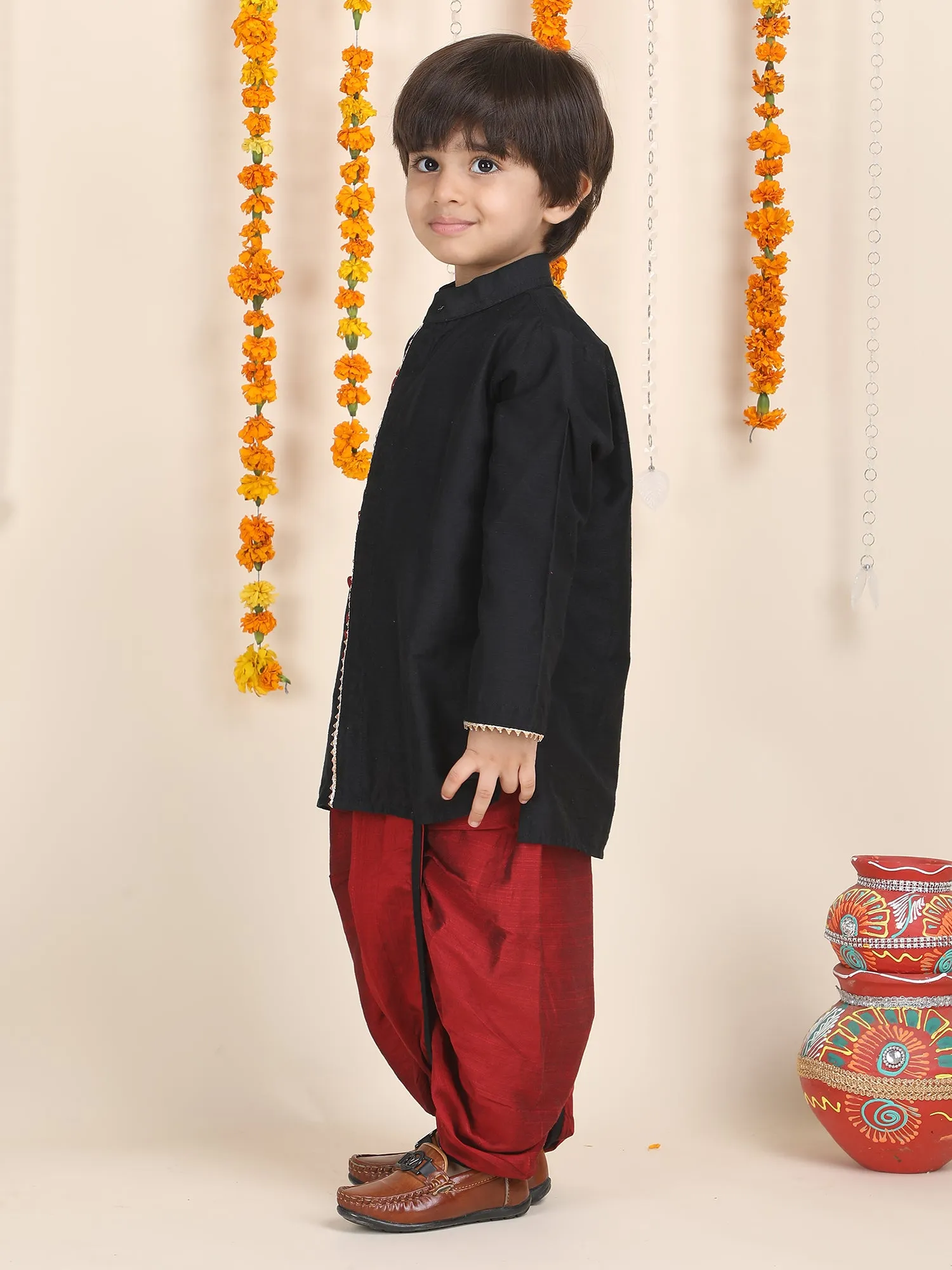 Polka Tots Full Sleeve Angrakha With Dhoti - Black