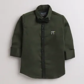 Polka Tots Full Sleeve Party Wear Reverse Collar Placket With Bow Tie Shirt - Green